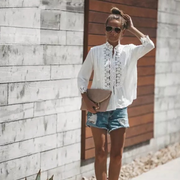 Summer Cotton Crochet Lace Quarter Sleeve Top - Picture 4 of 6